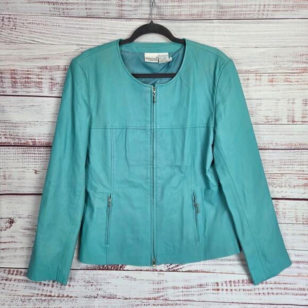 ❤️🔥Newport News - Teal Vintage Collarless Leather Jacket - 16